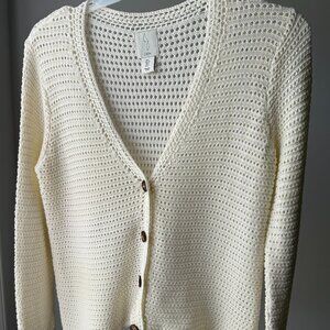 JOIE Cream 100% Cotton Crochet Button-Up Sweater SIZE L